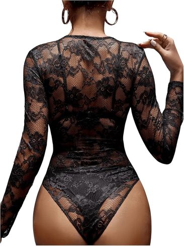 SOLY HUX Women's Lace Long Sleeve Bodysuit V Neck Sheer Mesh Sexy Body Suits Going Out Tops in Kuwait