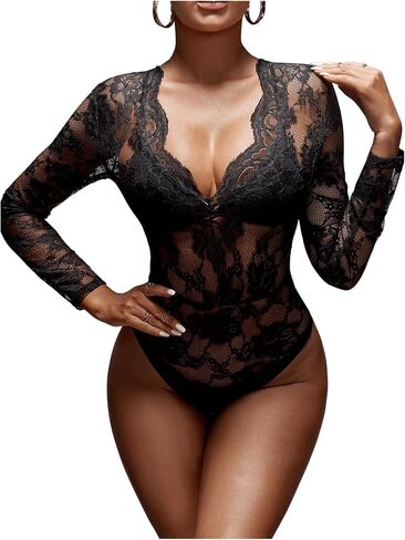 SOLY HUX Women's Lace Long Sleeve Bodysuit V Neck Sheer Mesh Sexy Body Suits Going Out Tops in Kuwait