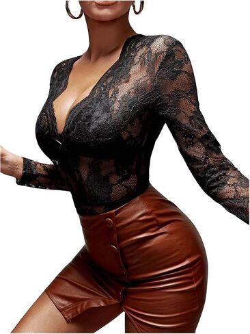 SOLY HUX Women's Lace Long Sleeve Bodysuit V Neck Sheer Mesh Sexy Body Suits Going Out Tops in Kuwait