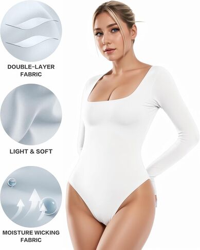 ALGALAROUND Women's Square Neck Long Sleeve Bodysuit Sexy Body Suit Tops Double Lined Curve Embracing in Saudi Arabia