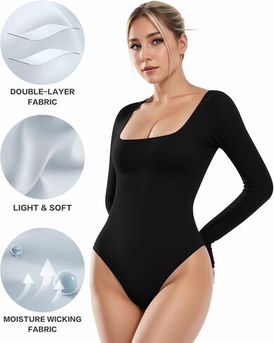 ALGALAROUND Women's Square Neck Long Sleeve Bodysuit Sexy Body Suit Tops Double Lined Curve Embracing in Saudi Arabia