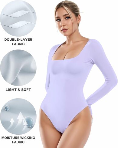 ALGALAROUND Women's Square Neck Long Sleeve Bodysuit Sexy Body Suit Tops Double Lined Curve Embracing in Saudi Arabia