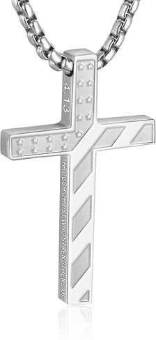 American Flag Cross Necklace for Boys Men Inspirational Christian Bible Verse Cross Pendant Stainless Steel Chain 20+2 inch Patriotic Jewelry Religious Gift for Men in Saudi Arabia