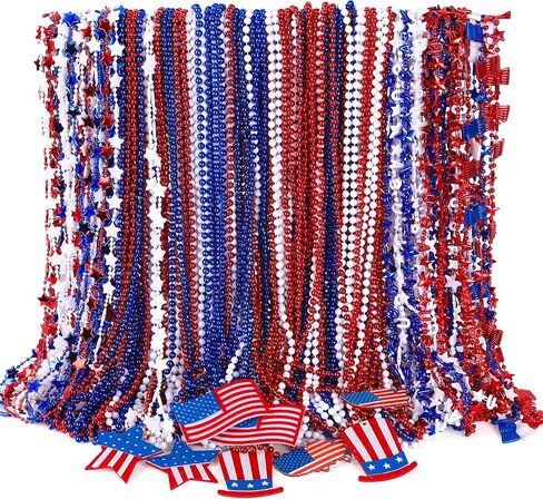 4th of July Necklace Accessories, 144PCS 4th of July Beads Decor, Patriotic Independence Day Red Blue White Necklaces USA Hat Flags Pendant, Metallic Necklace for Memorial Day Parades Party in Kuwait