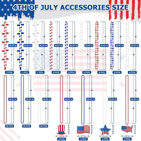 4th of July Necklace Accessories, 144PCS 4th of July Beads Decor, Patriotic Independence Day Red Blue White Necklaces USA Hat Flags Pendant, Metallic Necklace for Memorial Day Parades Party in Kuwait