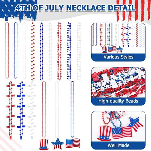 4th of July Necklace Accessories, 144PCS 4th of July Beads Decor, Patriotic Independence Day Red Blue White Necklaces USA Hat Flags Pendant, Metallic Necklace for Memorial Day Parades Party in Kuwait