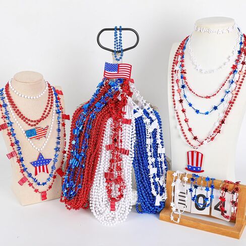 4th of July Necklace Accessories, 144PCS 4th of July Beads Decor, Patriotic Independence Day Red Blue White Necklaces USA Hat Flags Pendant, Metallic Necklace for Memorial Day Parades Party in Kuwait