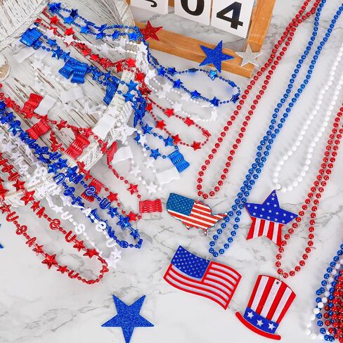 4th of July Necklace Accessories, 144PCS 4th of July Beads Decor, Patriotic Independence Day Red Blue White Necklaces USA Hat Flags Pendant, Metallic Necklace for Memorial Day Parades Party in Kuwait