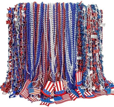 4th of July Necklace Accessories, 144PCS 4th of July Beads Decor, Patriotic Independence Day Red Blue White Necklaces USA Hat Flags Pendant, Metallic Necklace for Memorial Day Parades Party in Kuwait