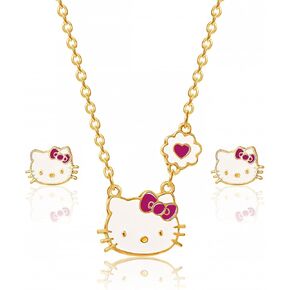Hello Kitty Sanrio Jewelry Set - فلاش مطلي 18+3 قلادة وأقراط مسمار مرخصة رسميًا