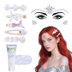 Wehhbtye 7 Pcs Mermaid Hair Clips Face Gems Glitter, Starfish Hair Clip Glitter Stickers and Gel, Mermaid Costume Accessories Set for Women Girl Cosplay Halloween Beach Theme Party Supplies