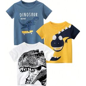 Boys Dinosaur Shirt 3 Pack Kids Short Sleeve T-Shirts Toddler Boy Tops Tee Size 2-8 Years