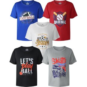 Boys' Sports Short Sleeve Crew Neck T-Shirts Kids Ball Print Tops Age for 4-14 Years 5-Pack