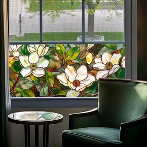 OHTMERU Stained Glass Window Privacy Film Decorative, Static Cling Stained Glass Sticker Opaque Heat Control UV Blocking Non Adhesive Window Film for Bathroom,Front Door,Home