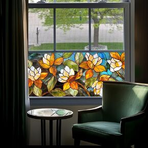 OHTMERU Stained Glass Window Privacy Film Decorative, Static Cling Stained Glass Sticker Opaque Heat Control UV Blocking Non Adhesive Window Film for Bathroom,Front Door,Home