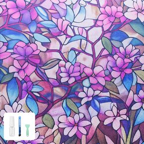 Window Privacy Film - Purple Floral Static Cling for Home Decoration, UV & Heat Insulation, No - Glue, Reusable, Easy Install (24x36 Inches), Privacy Protection