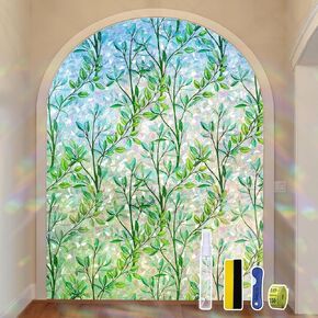 3D Rainbow Window Privacy Film, 17.5 x 78.7 inches Leaf Pattern Anti UV Static Cling Self-Adhesive with Installation Kit Reusable Decorative for Room, Green