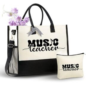 InnoBeta Music Teacher Appreciation Gifts Canvas Tote Bag with Makeup Bag, Top Zipper Closure, Music Teacher Gifts for Teacher Appreciation Day, Birthday, Christmas, Retirement