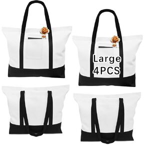 4 PCS Stylish canvas tote bags for women,blank large size tote bag With zipper,tote bag with pockets