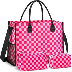 Beach Bags for Women, Large Tote Bag with 2 Makeup Bags, Gingham Fashion Beach Bag for Womens Trendy Handbags Work Bag