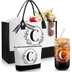 Aliceset Initial Monogram Canvas Tote Bag Personalized Makeup Bag with Zipper 16 oz Glass Cups with Lids Straws Monogrammed(Letter C)