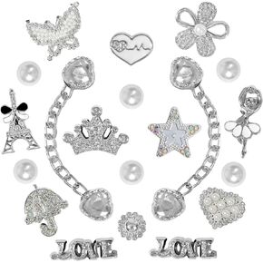 20 Pcs Bling Shoe Charms, Flower Pearl Gems Shoe Charms, Sparkling Silver Rhinestone Shoe Chains, DIY Shoe Decoration Charms for Party Favors Birthday