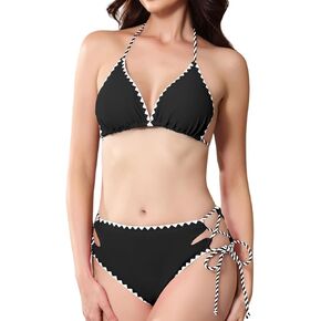Womens Halter Neck Bikini Sets Lace Up Two Piece Bathing Suit Color Block Shell Stitched Swimsuits