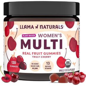 Llama Naturals Multivitamin for Women, Vegan, Organic Gummies with Vitamin D, C and K, Women's Real Fruit Gummy Vitamins, Chewable Multivitamin Supplement, No Added Sugar Cane, Strawberry, 120 Ct