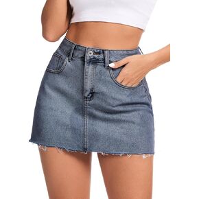 Aimilia Women's Denim Jean تنورة غير رسمية زر مسدود مصغر حافة خام مستقيمة zip fly mid mid rais
