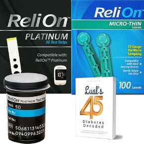 Relion Platinum Test Strips 50 count + ReliOn Micro-Thin Lancets, 33-Gauge, 100 Count. Compatible with ReliOn Platinum Meter, Testing Blood Glucose, Bundle with 45 Diabetes Decoded eBook Included