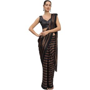 Natural Color Striped Ready To Wear Saree With Unstitched Blouse Piece (Brown)
