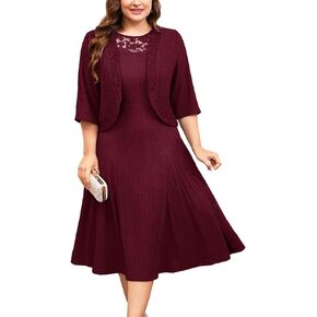ZOMVA Plus Size Mother of The Bride Groom Dresses for Curvy Women 2 Piece Wedding Guest Dress with Jacket Tea Length