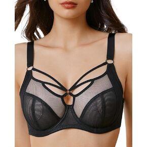 Women's Sexy Bra Unlined Underwire Minimizer Bralettes Sheer Mesh with Strappy Plunge Plus Size Bras 34D-42G