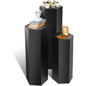 3 Pcs Matte Black Pedestal Stands for Display, Metal Hexagonal Pedestal Stands Cylinder Cake Dessert Table Pillar for Wedding Party Sculpture Collection Vases Birthday Decor(23.6in,29.5in,35.4in Tall)