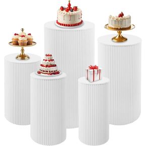 5 Pcs Metal Pleated Cylinder Pedestal Stands for Party, Heavy Duty White Round Cake Pedestal Stand Flower Plant Display Plinth Pillars for Wedding Birthday Event Decor