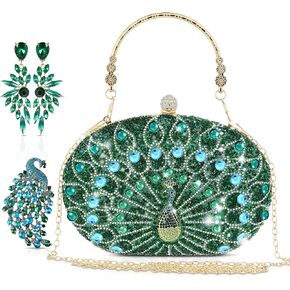 3 Pieces Evening Clutch Purses Set for Women Evening Wedding Formal Peacock Bag Crystal Diamond with Earrings and Brooch Pin,green Rhinestone Handbag Accessories Gifts for Peacock Lovers