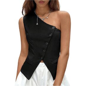 MakeMeChic Women's One Shoulder Vest Tops Asymmetrical Button Down Sleeveless Tank Tops
