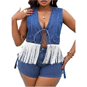 MakeMeChic Women's Plus Size Denim Vest Tie Front Fringe Sleeveless Cowgirl Jean Jacket