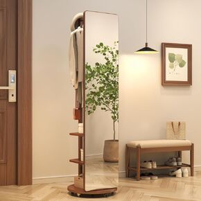 Solid Wood Full Length Mirror Coat Rack, 70" x 20" Oversize Standing Mirror Full Length with Brake Wheels, Floor Mirror for Living Room, Entryway (Walnut)