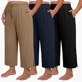 Neer 3 Pack Women's Plus Size Capris, Drawstring Cropped Wide Leg Pants Lounge Athletic Yoga Sweatpant with Pocket