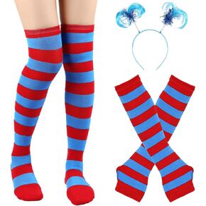 3pcs مجموعة الأزياء الأزرق عقال الطويل الفخذ فخذ عالية مخطط الجوارب المخطط لهالوين شيء 1 شيء 2 حفلة تأثيري