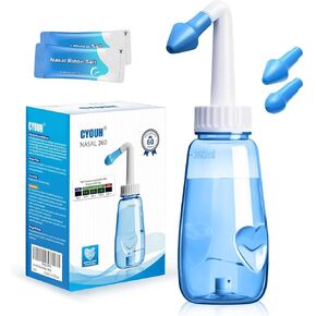 Neti Pot الجيوب الأنفية شطف الزجاجة أنف غسل المنظف شطف الري الأنفي للبالغين والطفل BPA Free 260 مل مع 60 حزم ملح غسل الأنف ومقياس الحرارة الملصق (الأزرق)