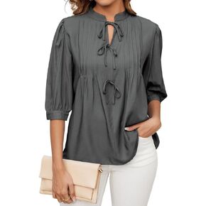 ZAFUL Womens Casual Tops 2025 V Neck Pleated Blouse 3/4 Sleeve Peplum Shirt Cute Bows Babydoll Top