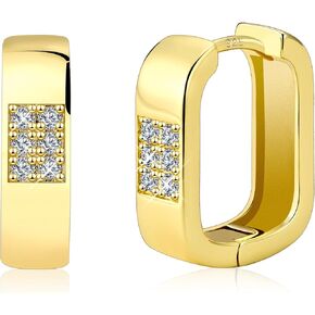 925 Sterling Silver Hoop Earrings for Women Trendy Cubic Zirconia Small Chunky 14K Gold Plated Earrings Minimalist U Shape Geometric Rectangle Hypoallergenic Lightweight Square Hoops Earring