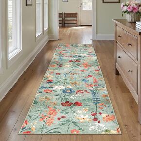 Floral Runner Rug 2x6 Washable Hallway Long Beige Bedroom Carpet Non Slip Indoor Boho Kitchen Low Pile Accent Rug Lightweight Soft for Bathroom Dining Laundry Living Room