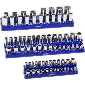 مجموعة منظمات المقبس المغناطيسي Vevor ، حامل مقبس مغناطيسي 3pcs ، 1/4 '' ، 3/8 '' & 1/2 '' Socket Socket مع ملصقات واضحة ، تمسك حتى 75pcs قياسيًا وعميقًا ، أزرق (مآخذ غير متضمنة)