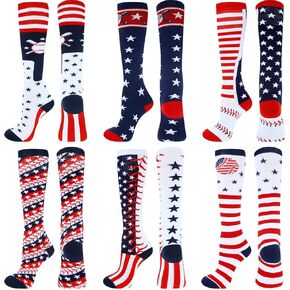 6 Pairs USA American Flag Baseball Socks Stars Stripes Patriotic Knee-length Baseball Socks 4th of July Gifts