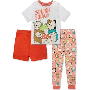 Squishmallows Girls Pajama Set - 3 Piece Pants, T-Shirt & Shorts - Cotton Sleepwear PJ Set for Kids - Official License
