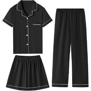 QZH.DUAO Girls 100% Cotton 3pcs Pajama Sets Button Down Short Sleeve Long Pants With Shorts Sleepwear for Ages 5-14