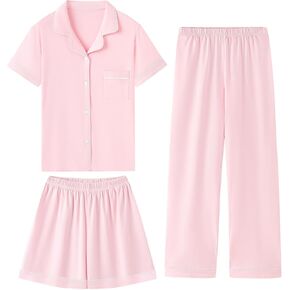 QZH.DUAO Girls 100% Cotton 3pcs Pajama Sets Button Down Short Sleeve Long Pants With Shorts Sleepwear for Ages 5-14 in Kuwait